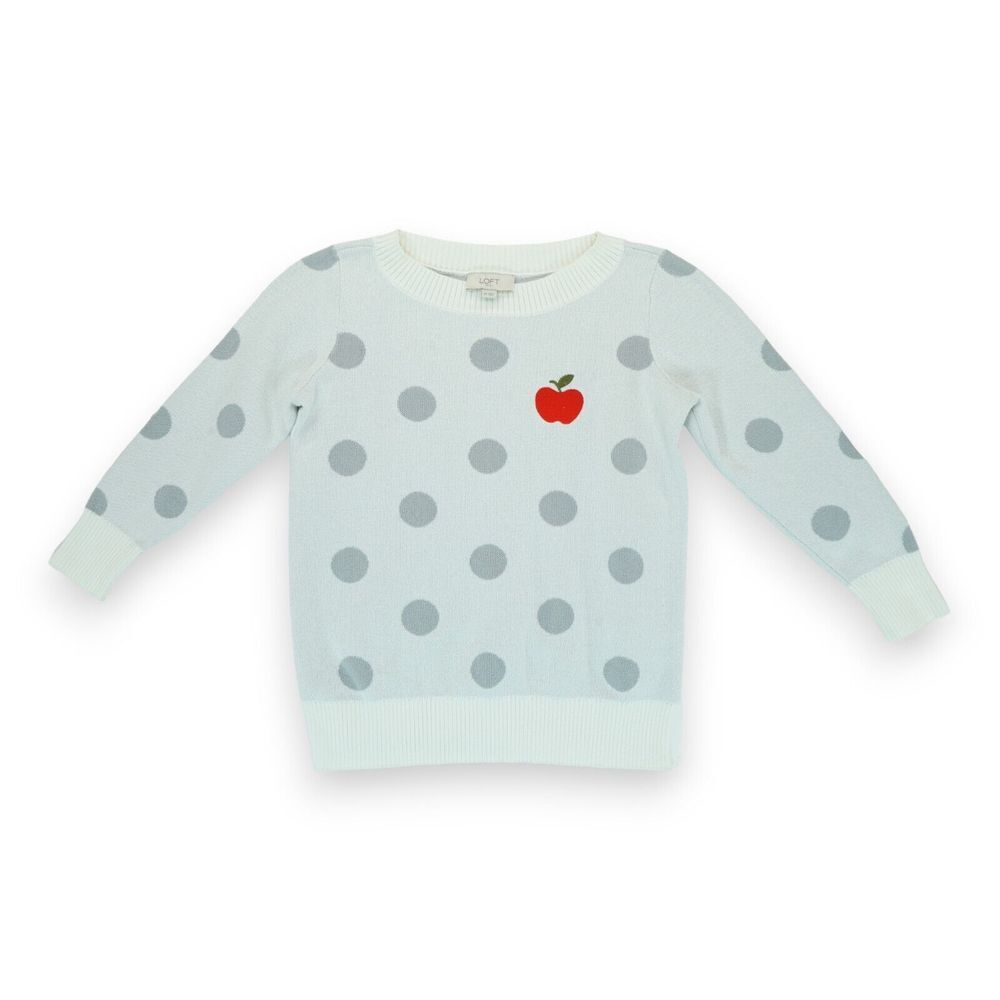 Loft Outlet Women XS Ivory Gray Polka Dot Sweater 3/4 Sleeve Apple Embroidery